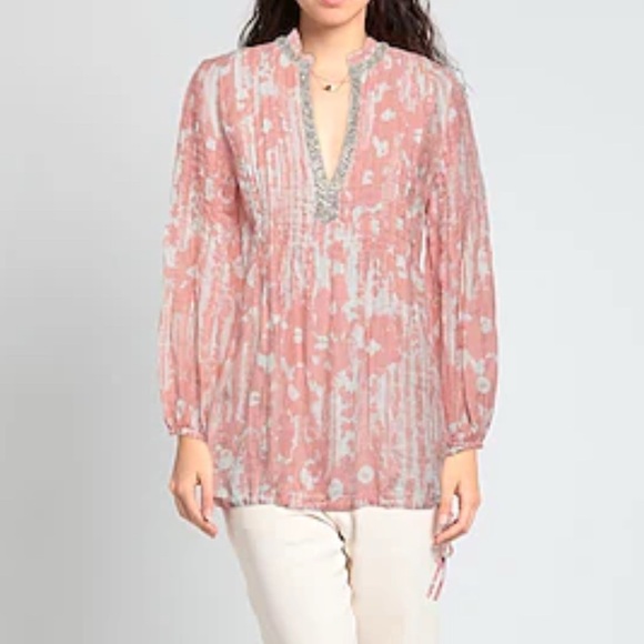 120% LINO Pink & White Designer Linen Long Sleeve Embellished Blouse! Loose fit. - Picture 2 of 16